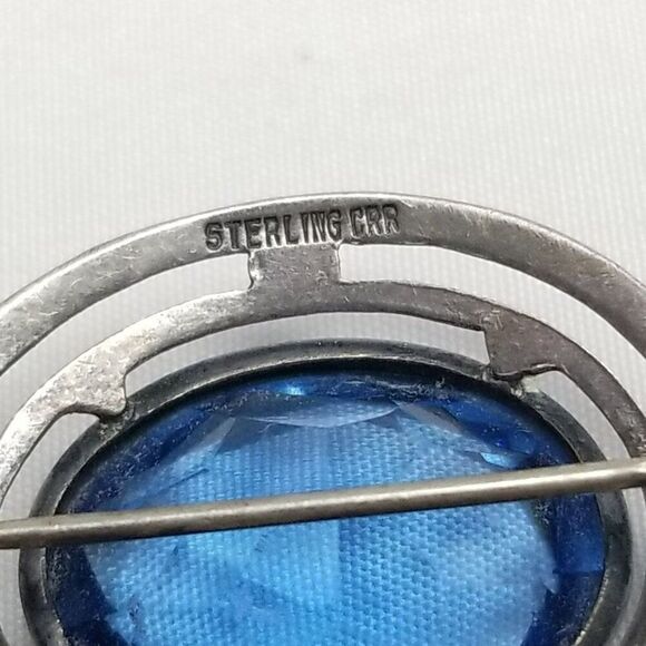 Vintage Art Nouveau Style Sterling Silver Blue Oval Rhinestone 1 Inch Brooch - Picture 4 of 7